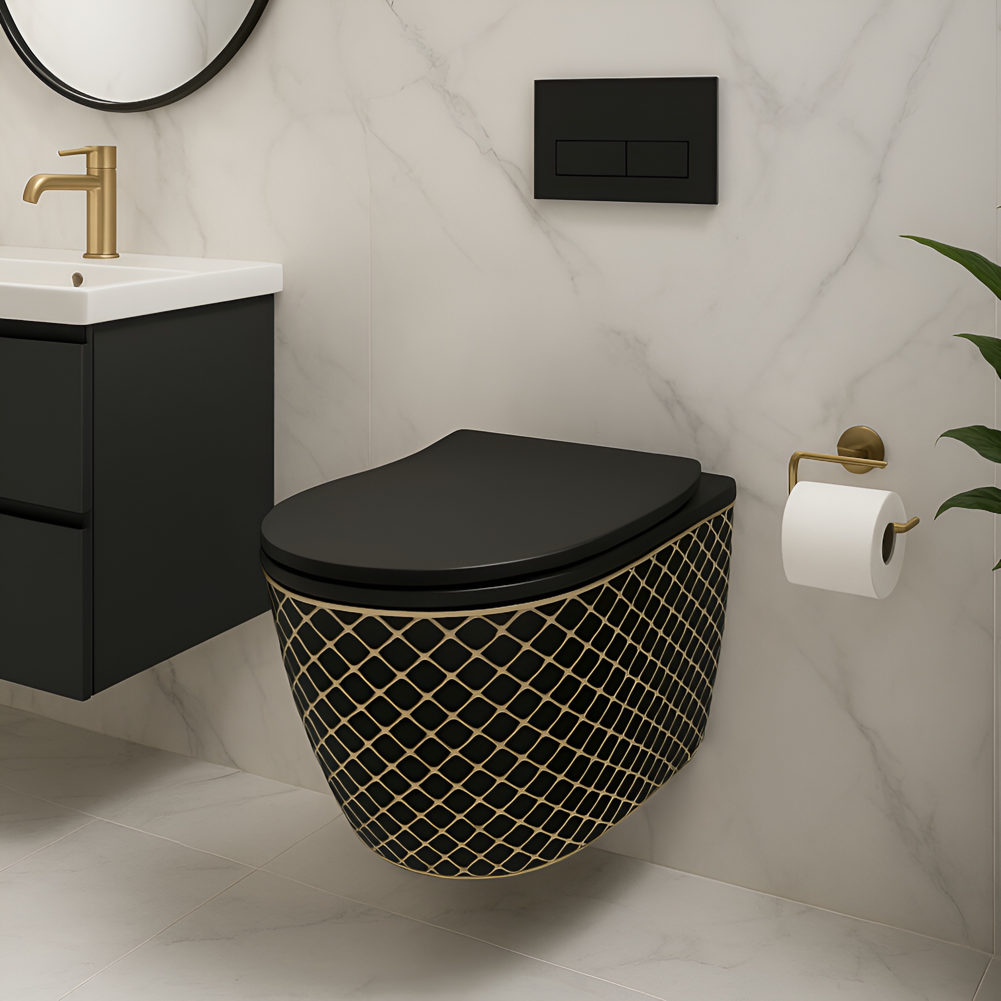 Wand-WC SOFI SLIM BLACK NIGHT mit Slim-Sitz, Schwarz/Gold