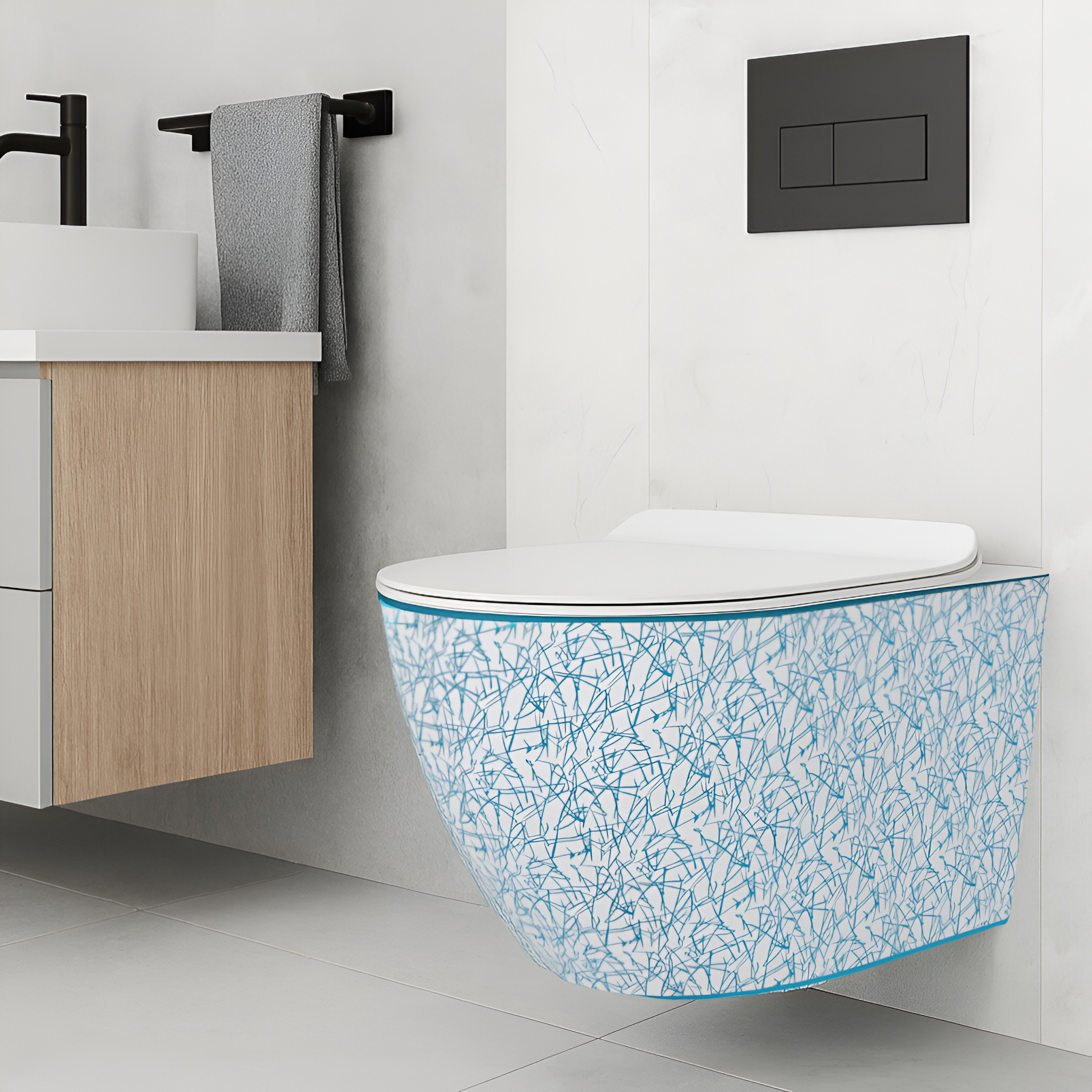 Wand-WC SOFI SLIM KRESZ mit Slim-Sitz und blauem KRESZ-Dekor