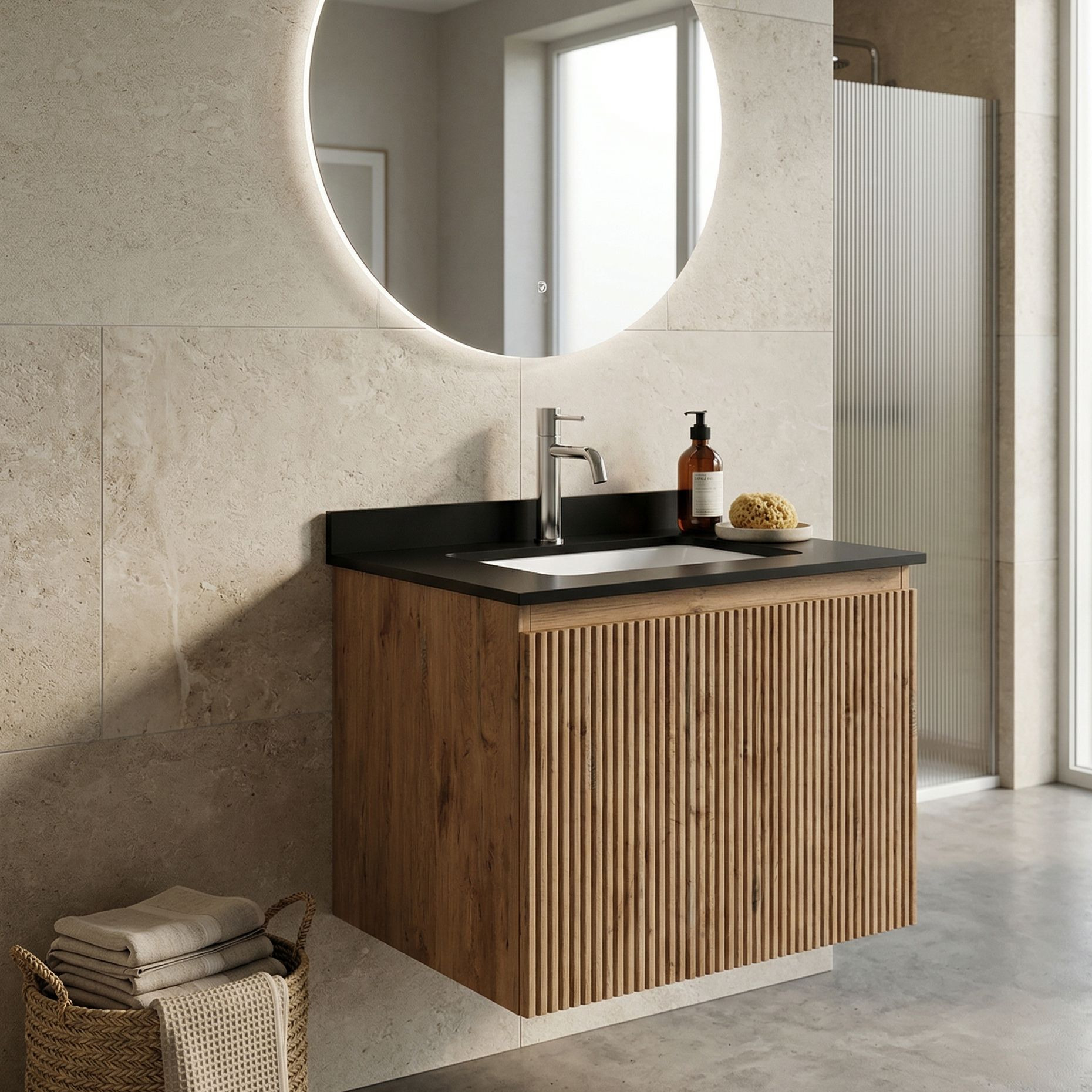 Hängender Waschtischunterschrank mit Platte und Einbauwaschbecken Irvine Wood 60 cm