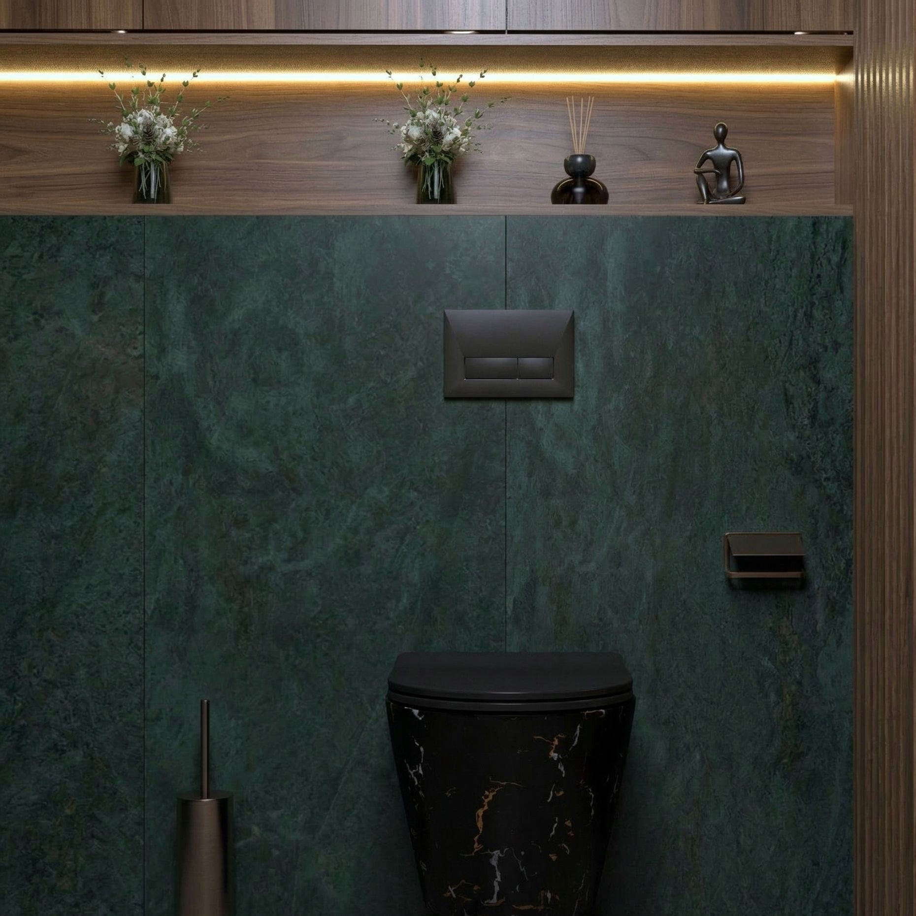 Wand-WC SOFI SLIM FIRE – matt schwarz mit Marmoroptik, Slim-Sitz, randlos