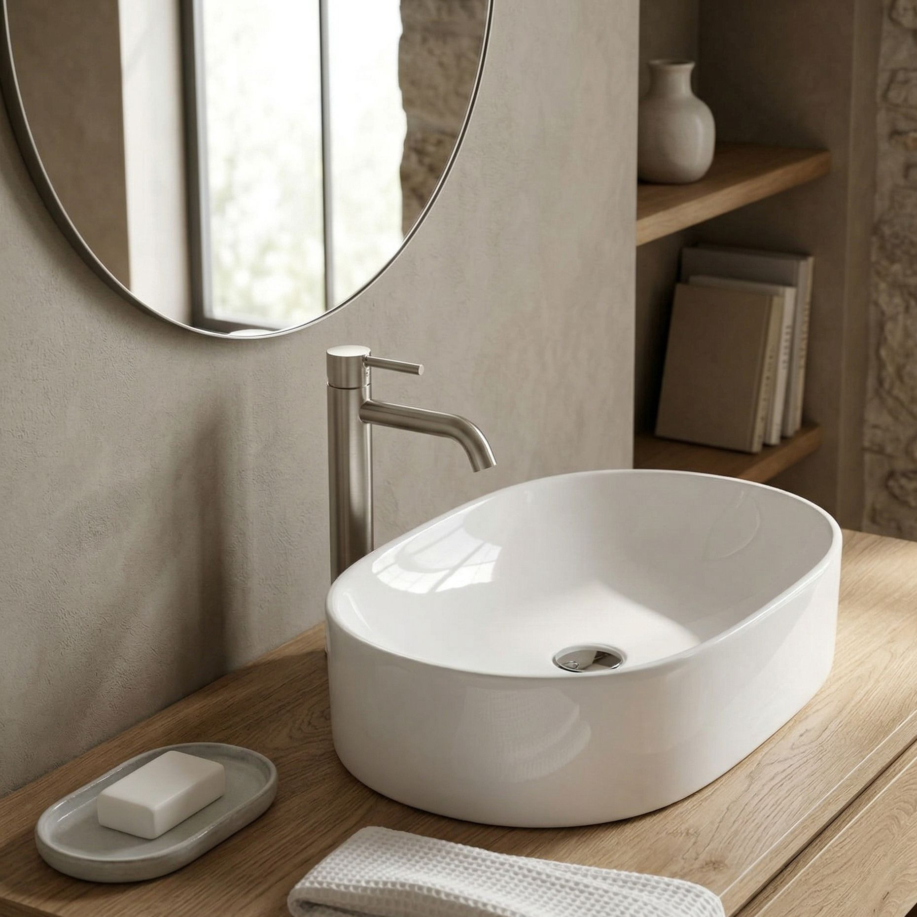 Aufsatzwaschbecken ALTO – halbovale Form, weißes Finish, minimalistischer Look