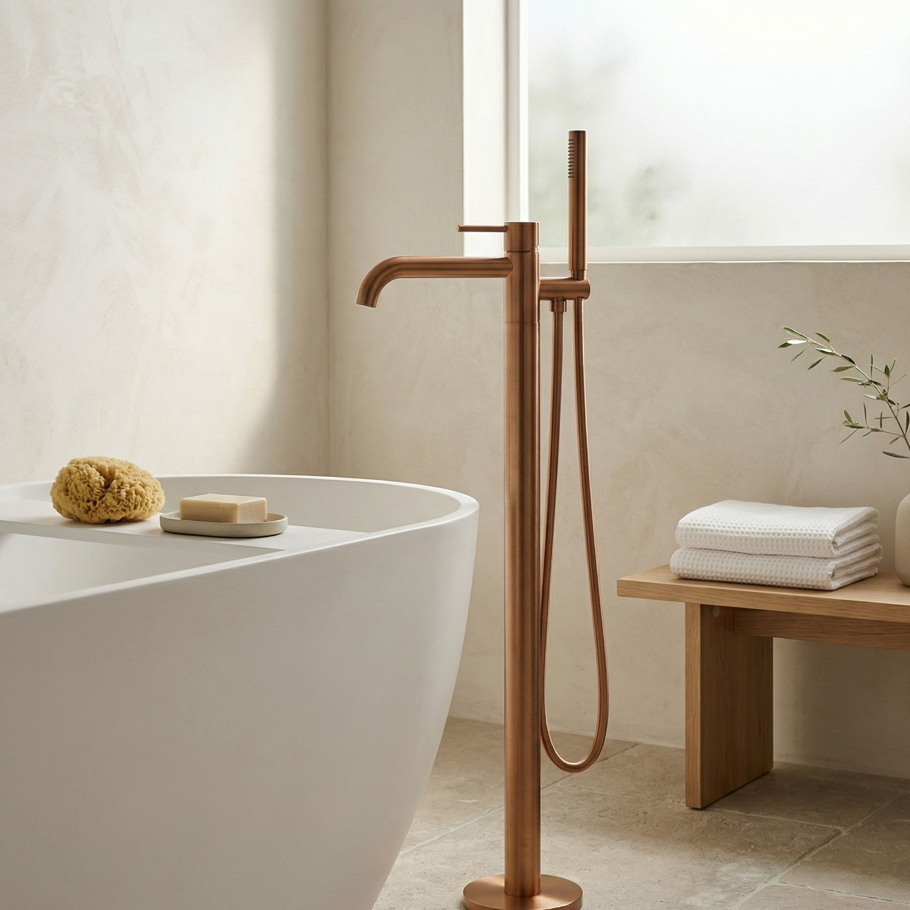 Freistehende Badewannenarmatur Orion Brushed Copper mit Temperaturregelung
