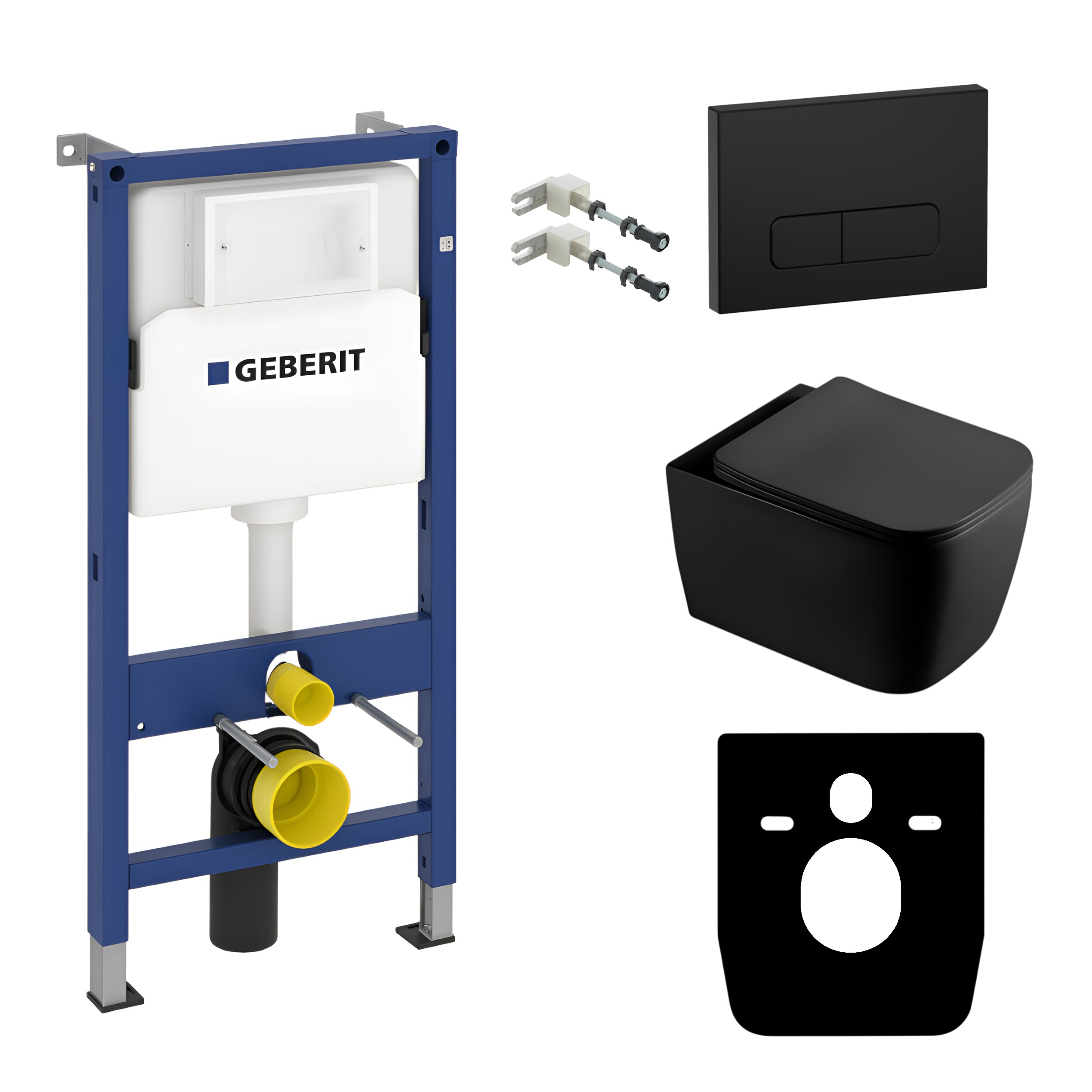 KOMPLETT-PAKET: Geberit Duofix Basic Vorwandelement + Wand-WC Tiefspül Lago Black Becken Spülrandlos + Bedienplatte Delta 25 für Doppelspülung2