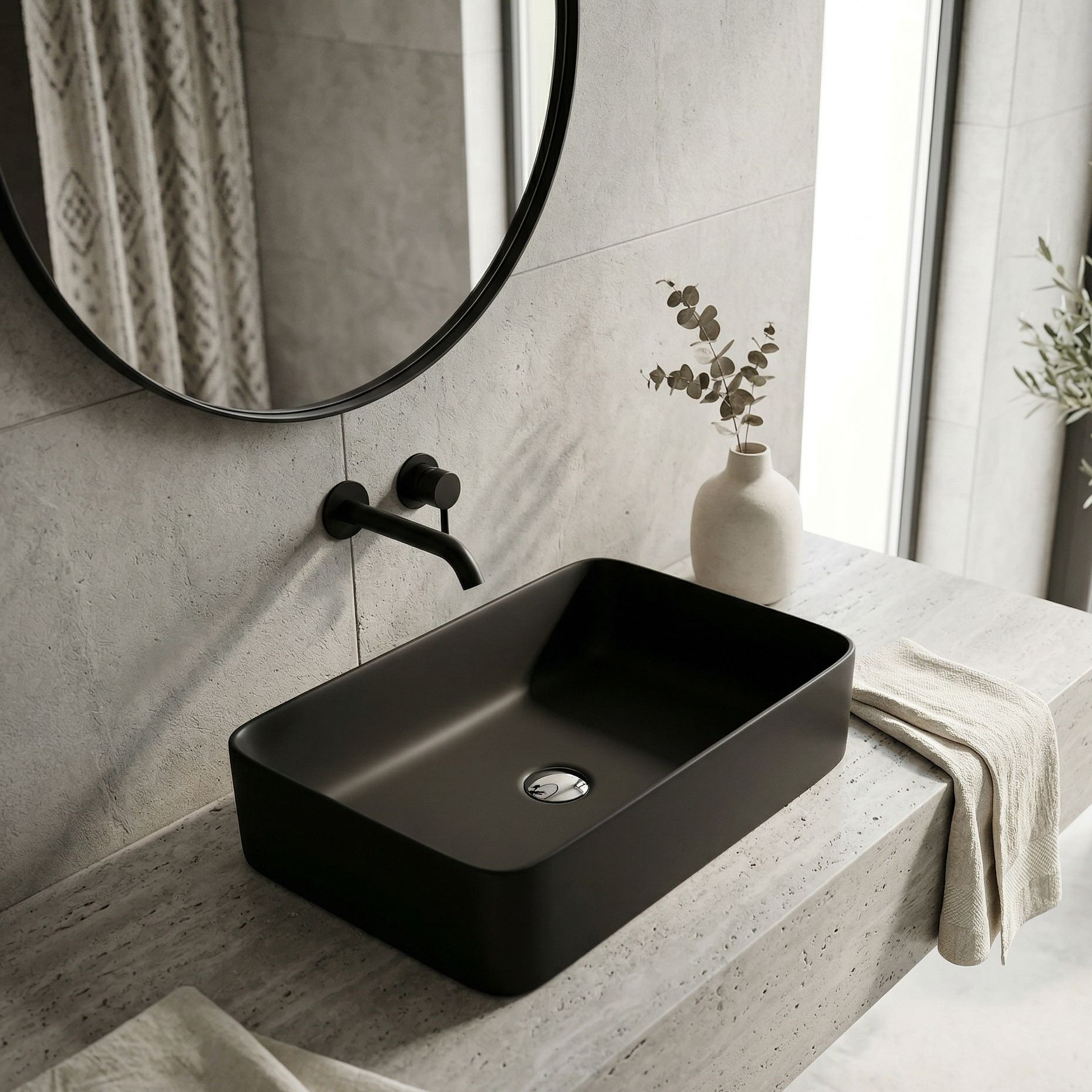 Aufsatzwaschbecken Pasana Black – rechteckig, tiefschwarz, Loft-Stil