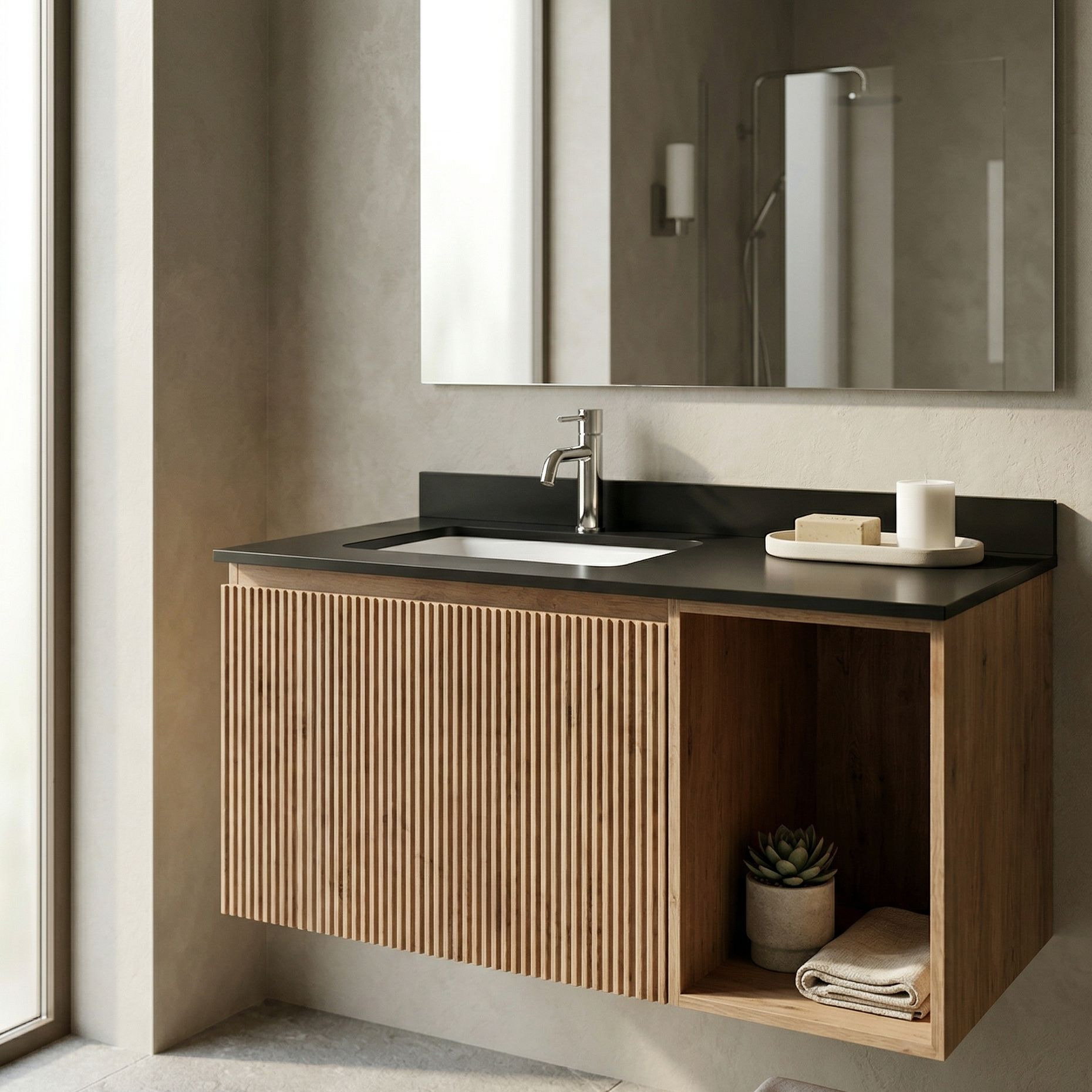 Wandh&auml;ngender Badschrank mit Platte und Waschbecken Kent Wood 900
