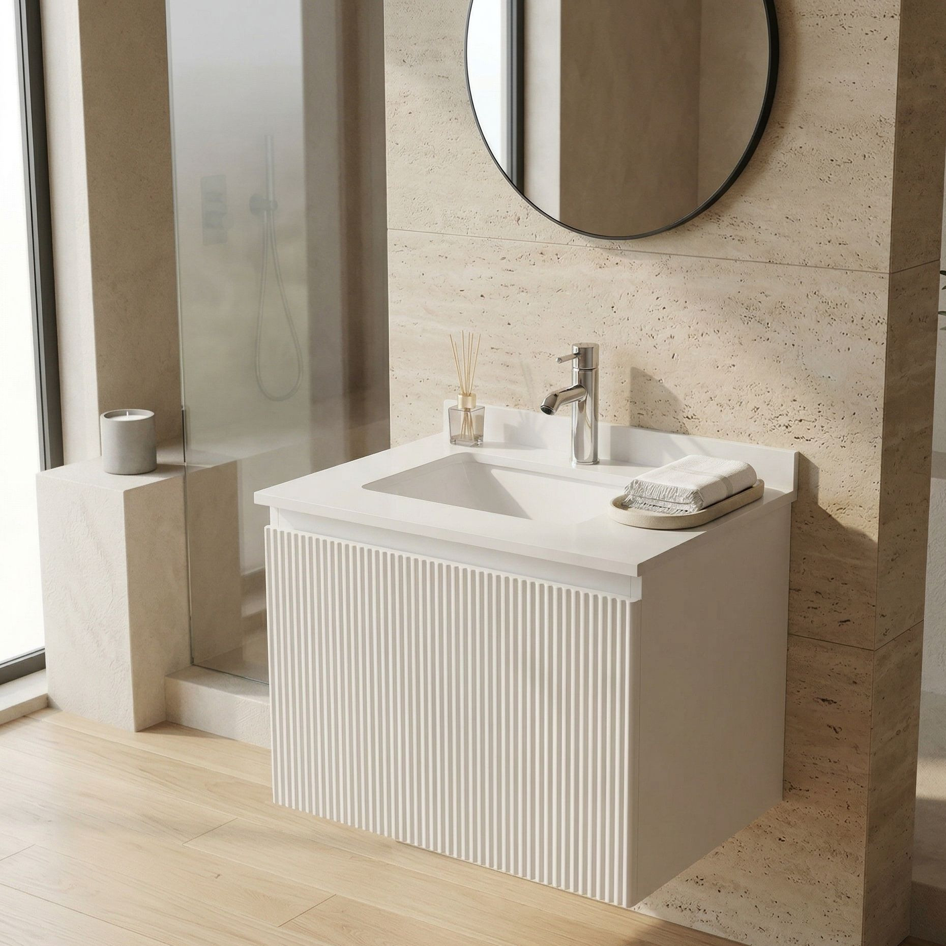 Wandhängender Waschtischunterschrank mit Sinterkeramik-Platte und Keramik-Einbauwaschbecken Irvine White 600, 60 cm, Weiß