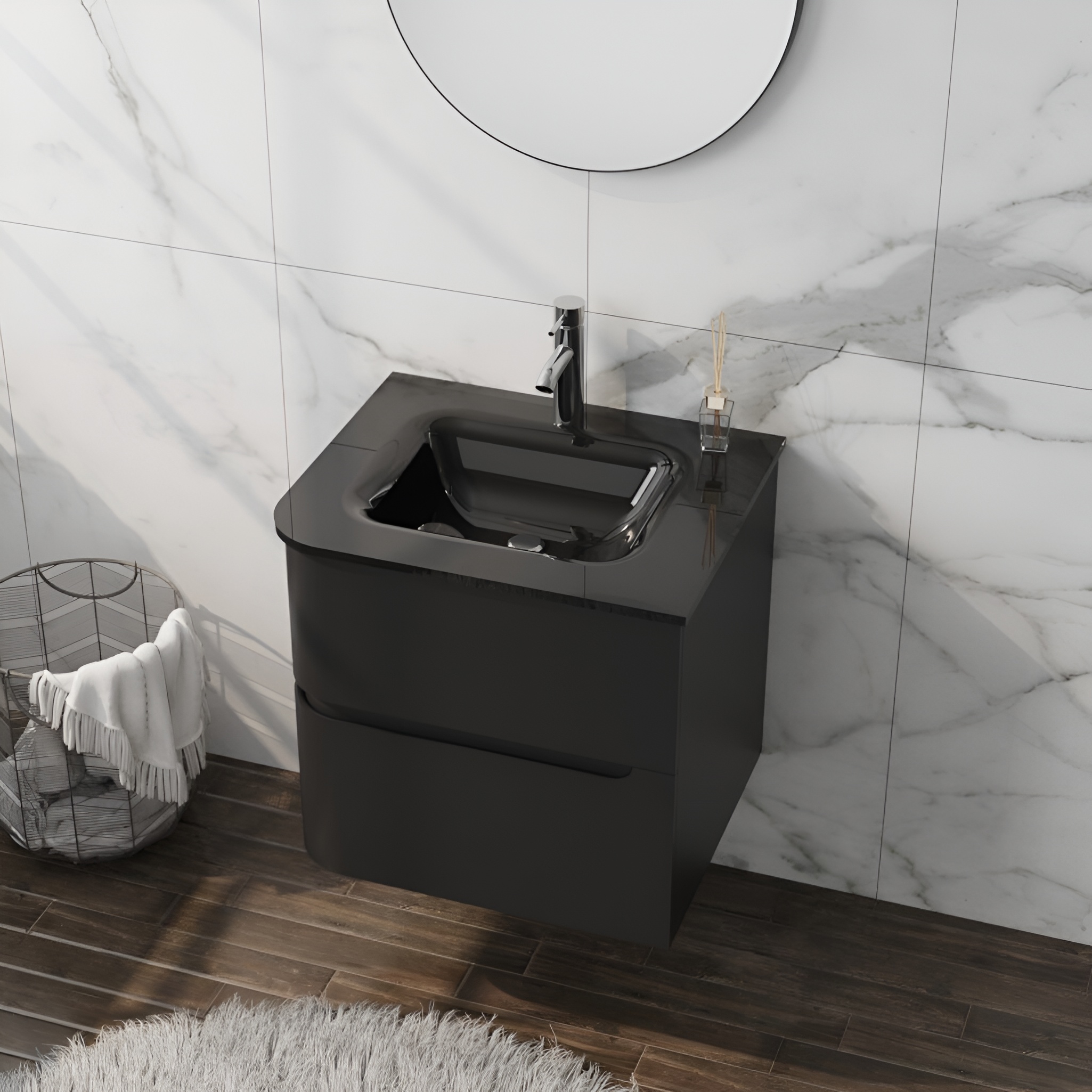 Atlanta Black 60 – Hängender Waschtisch mit Glaswaschbecken, matt schwarz, 60 cm