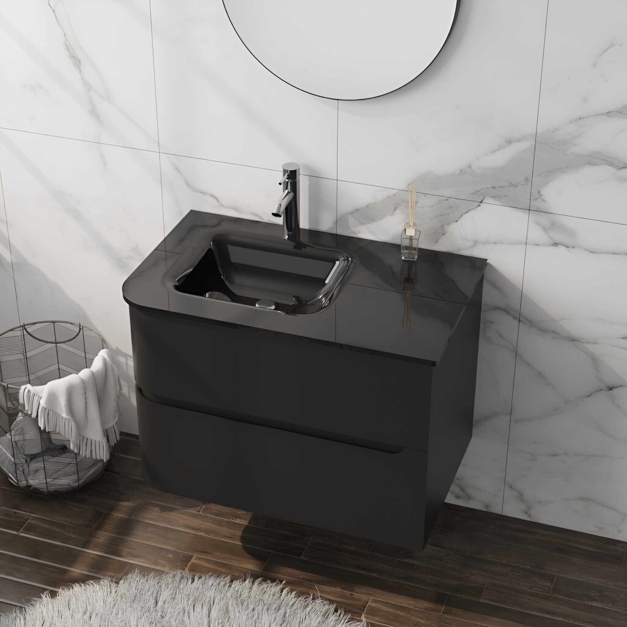Wandhängender Waschtischunterschrank Atlanta Black 80 cm mit schwarzem Glaswaschbecken