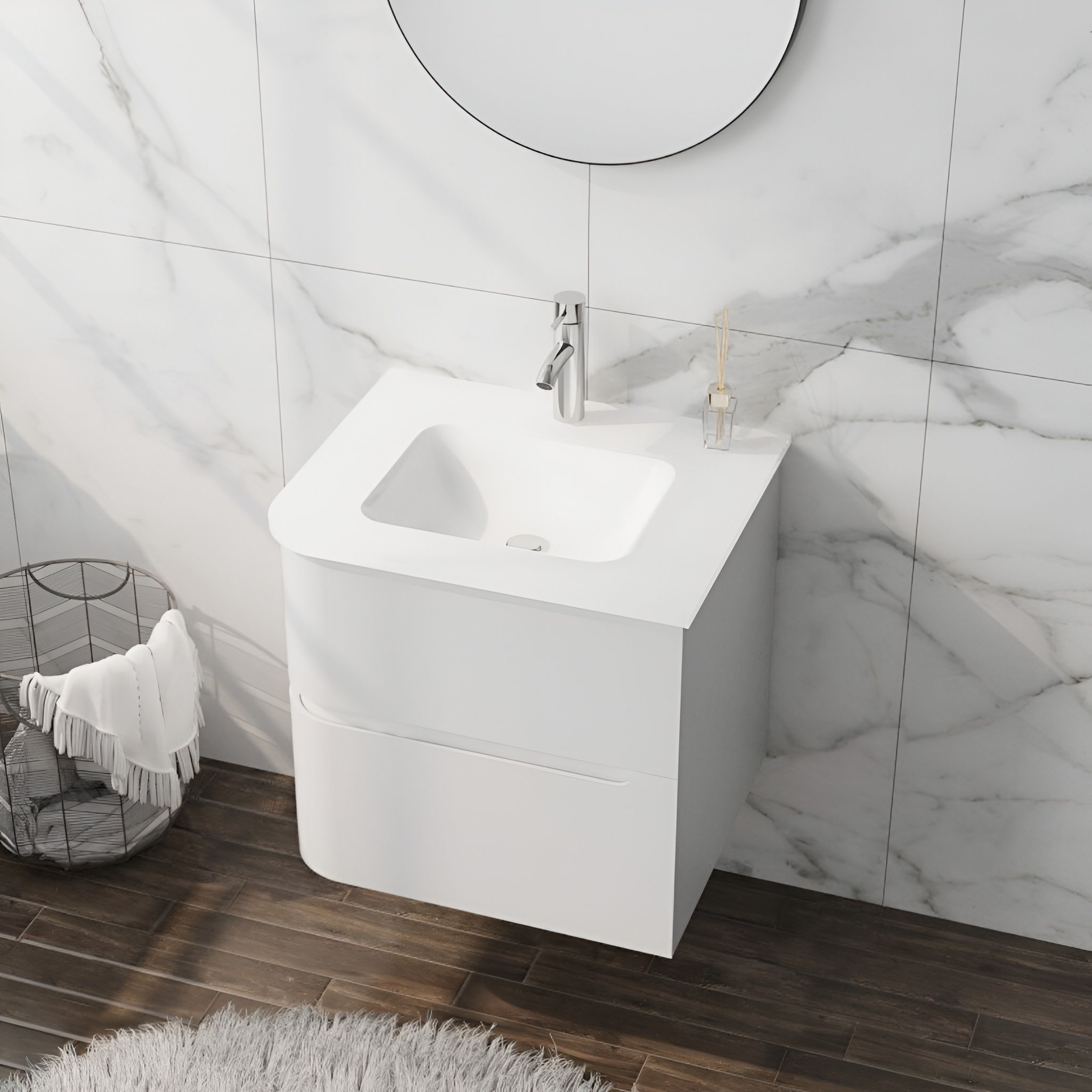 Badezimmer-Hängeschrank Atlanta White 600 mit Glaswaschbecken