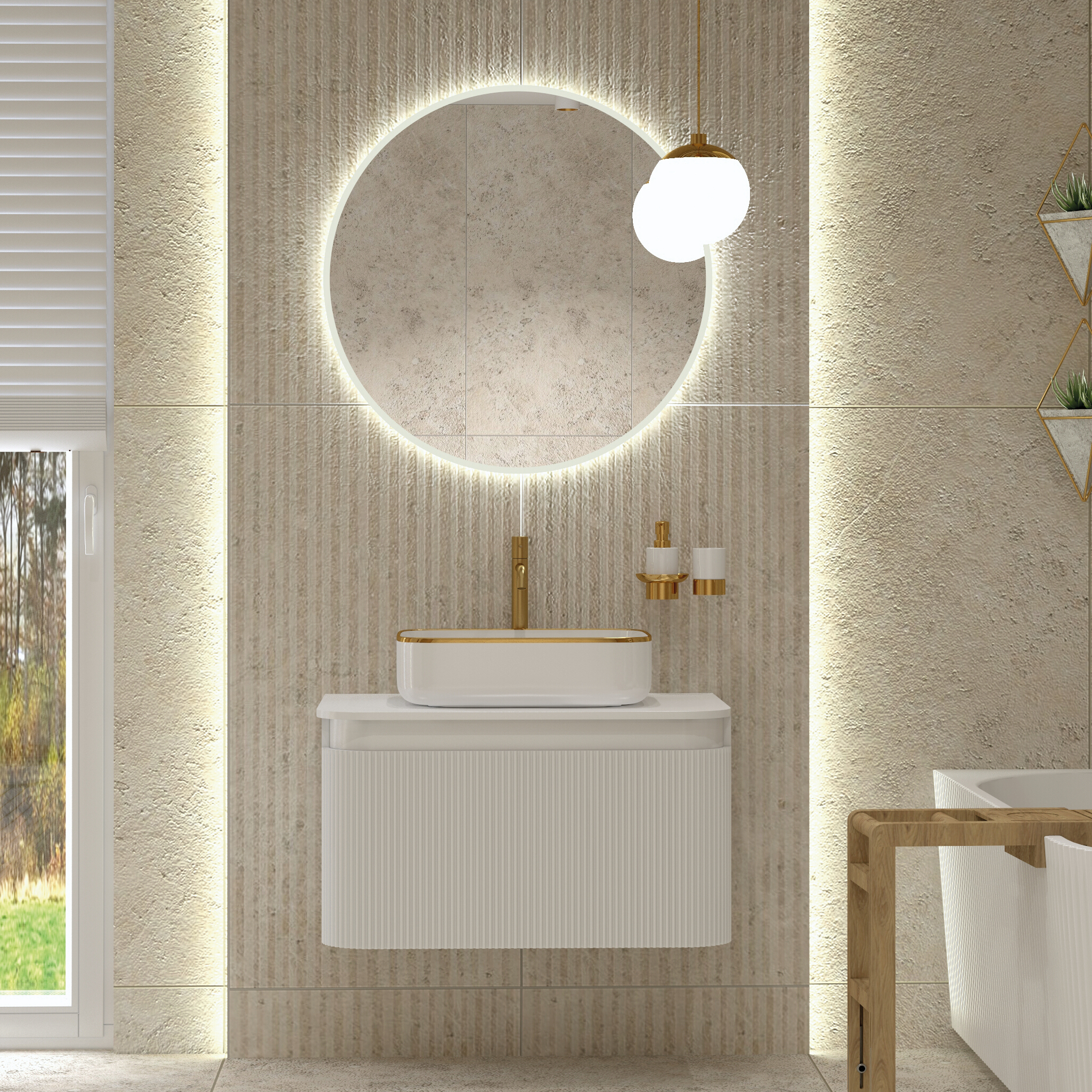 Hängender Waschtischunterschrank Vermont White 800 mit Lamellenfront und Platte