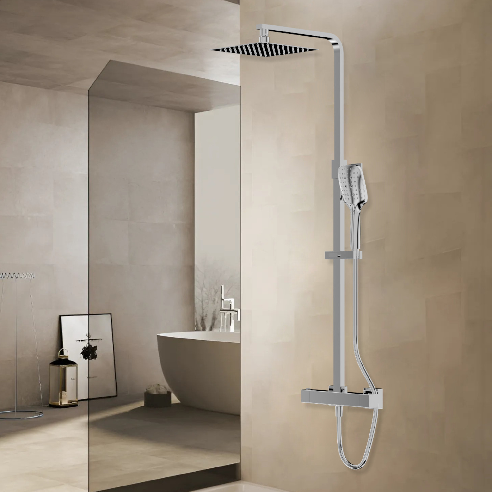 Aufputz-Duschsystem Cetus Chrome mit Thermostat und Regenbrause