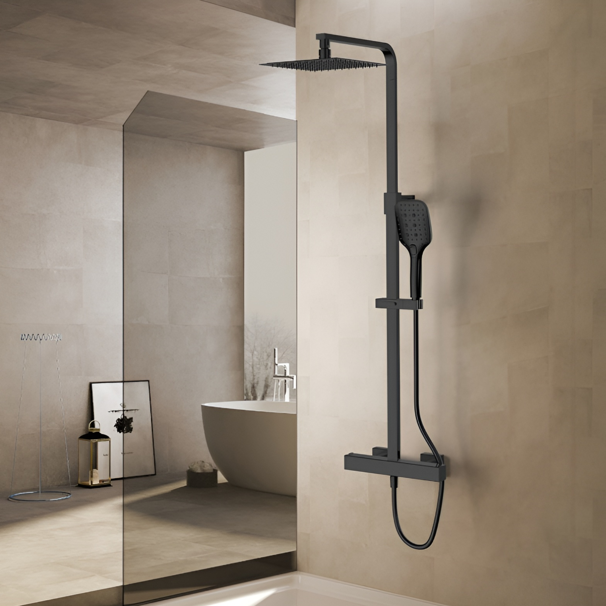 Aufputz-Duschsystem mit Thermostat und Regenbrause Cetus Matt Black