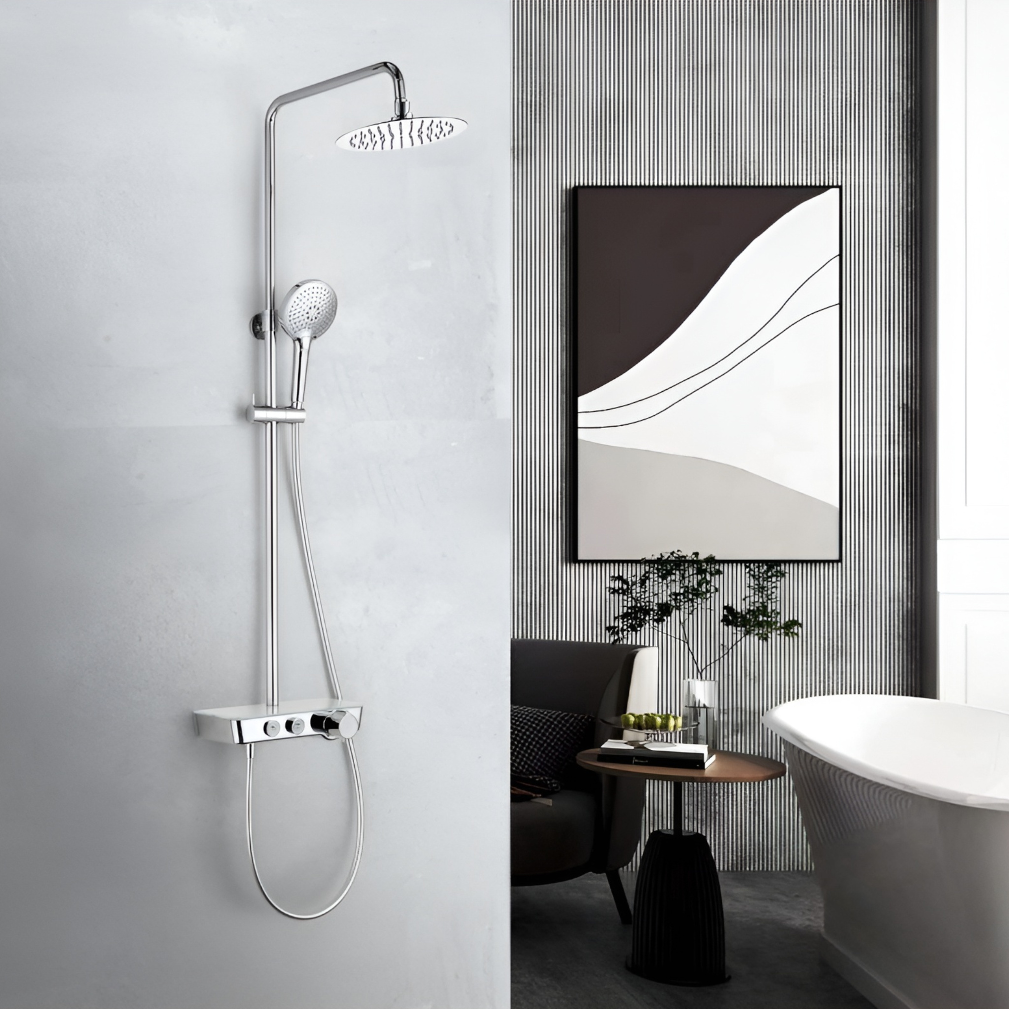Cetus Chrome Aufputz-Duschsystem mit Thermostat, Regenbrause und Glasablage
