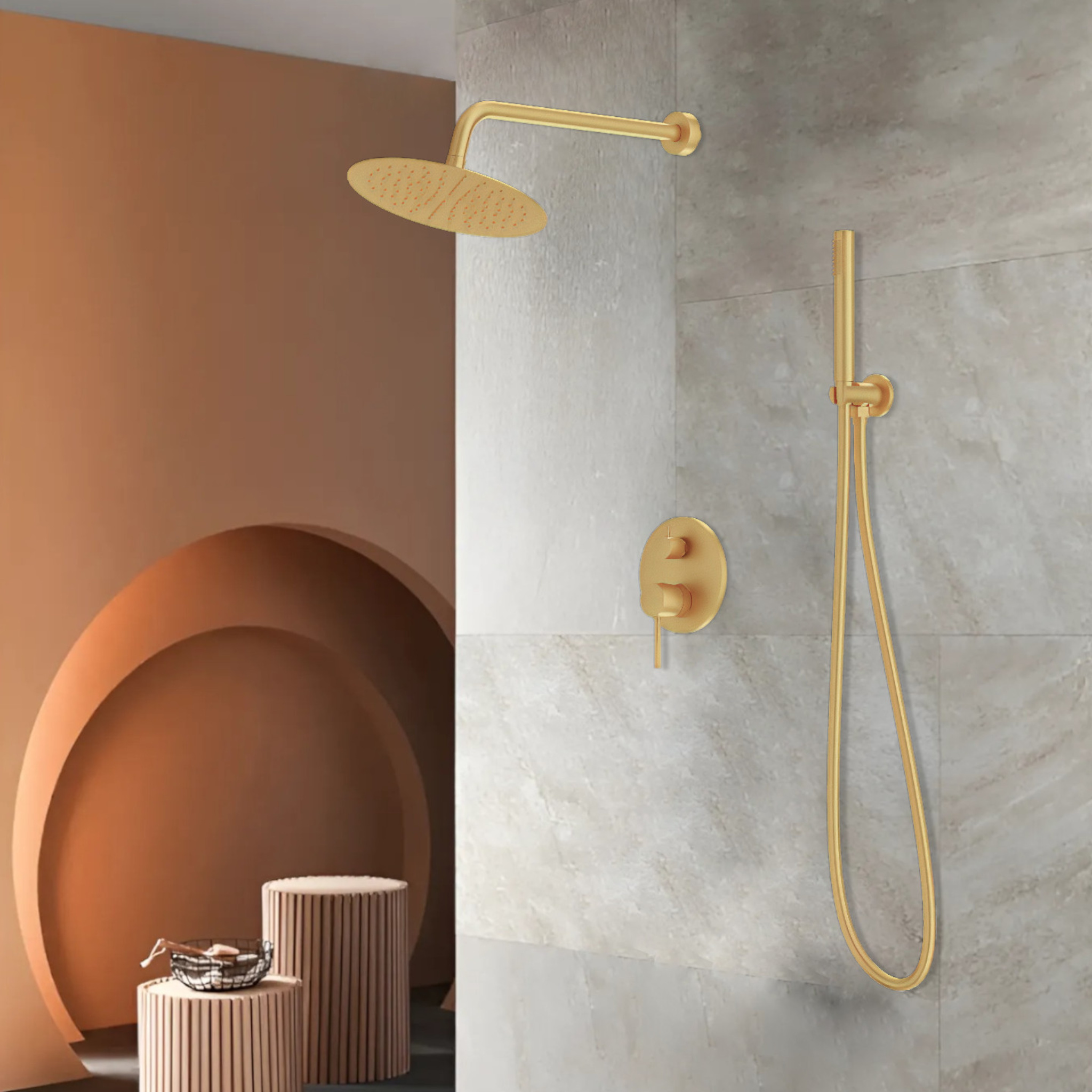 Unterputz-Duschsystem Orion in Brushed Gold mit großflächiger Regenbrause